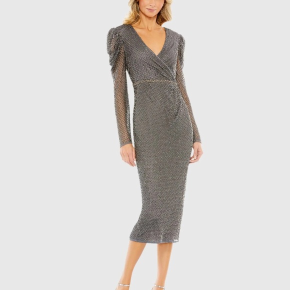 (208)❤️ BNWT MAC DUGGAL
Gray Beaded Wrap Over Puff Sleeve Dress
#93674 - Picture 1 of 7